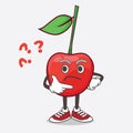 Bing Cherry cartoon mascot character in a confused gesture