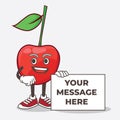 Bing Cherry cartoon mascot character holding a board sign message
