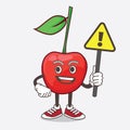 Bing Cherry cartoon mascot character rise up a warning sign