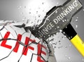 Binge drinking and destruction of health and life - symbolized by word Binge drinking and a hammer to show negative aspect of Royalty Free Stock Photo