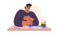 Binge eating concept. Unwell guy suffers from overeating. Sick man feeling bad of consume unhealthy food. Nutrition