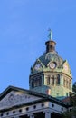 binghamton courthouse detail (justice statue on dome with clocks on court street, downtown) Royalty Free Stock Photo