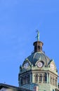 binghamton courthouse detail (justice statue on dome with clocks on court street, downtown) Royalty Free Stock Photo