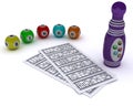 Bingo balls and card with dabber pen Royalty Free Stock Photo