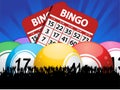 Bingo Balls cards and crowd on blue background Royalty Free Stock Photo