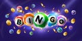 Bingo banner. Floating 3D lotto game balls, lotteries gaming event promotion with golden coins and falling confetti