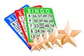 Bingo cards with five golden stars. Customer rating, 3D rendering