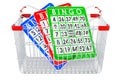 Bingo cards inside shopping basket, 3D rendering
