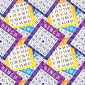 Bingo game repeat pattern with purple, yellow and blue tickets
