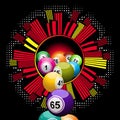 Bingo lottery balls falling from cityscape border