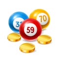 Bingo or lottery card with colored number balls and money. Royalty Free Stock Photo
