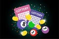 Bingo lottery sign banner on dark background. Colorful balls, lotto tickets, confetti and jackpot winner money coins