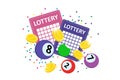 Bingo lottery sign design. Colorful balls, lotto tickets, confetti and jackpot winner money coins. Online gambling big