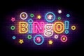 Bingo neon sign with lottery balls and stars. Royalty Free Stock Photo