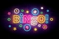 Bingo neon sign with lottery balls and stars.