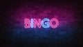 Bingo neon sign. purple and blue glow. neon text. Brick wall lit by neon lamps. Night lighting on the wall. 3d illustration