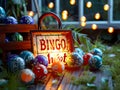 Bingo Night And Icons With Letters And Balls, A Sign With Balls And A Box With Numbers On It