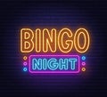 Bingo Night neon sign on brick wall background.