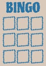 Bingo text over score table with nine boxes with lines on cream background