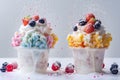 bingsu icream, clean light, bright lighting, soft toned, minimal style, white background by Generative AI Royalty Free Stock Photo