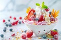 bingsu icream, clean light, bright lighting, soft toned, minimal style, white background by Generative AI Royalty Free Stock Photo
