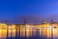 Binnenalster Lake with illuminated city center in Hamburg, Germany during twilight sunset