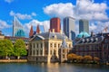 Binnenhof castle Dutch Parliament background with the Hofvijver lake, historical complex, Hague Den Haag, Netherlands