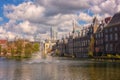 Binnenhof castle Dutch Parliament background with the Hofvijver lake, historical complex, Hague Den Haag, Netherlands Royalty Free Stock Photo