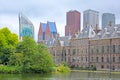 Binnenhof, Dutch Government building in the Hague, with modern skyscrapers behind