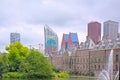 Binnenhof, Dutch Government building in the Hague, with modern skyscrapers behind