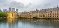 Binnenhof Palace in Hague Den Haag, The Netherlands. Dutch Parliament building Holland, panoramic waterfront view on a rainy day Royalty Free Stock Photo