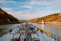 Binnenvaart, Translation Inlandshipping on the river rhein in Germany during sunset hours, Gas tanker vessel rhine river Royalty Free Stock Photo