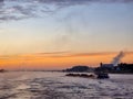 Binnenvaart, Translation Inlandshipping on the river Rhein Lobith Netherlands September 2021, during sunset hours