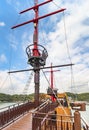 Binocular in front of the main mast of the electric Boat Mirai of the Kujukushima Pearl Sea Resort in Sasebo.