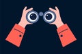 Binocular in hands. Looking and explore, searching through binoculars. Hand holding glasses with cartoon eyes. Hr or Royalty Free Stock Photo