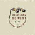 Binocular logo emblem or label monocular vintage, engraved hand drawn in sketch or wood cut style, old looking retro