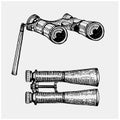 Binocular monocular vintage, engraved hand drawn in sketch or wood cut style, old looking retro instrument