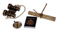 Binoculars, compass passport and map