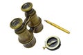 Binoculars, compass and pen Royalty Free Stock Photo