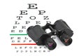 Binoculars on eyesight test chart Royalty Free Stock Photo