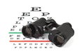 Binoculars on eyesight test chart Royalty Free Stock Photo