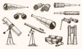 Binoculars or field glasses. Military set. vintage telescopes and optical equipment. engraved hand drawn old line icon