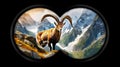 Binoculars Point of View with a Beautiful Male Alpine Ibex with Large Horns - Generative Ai