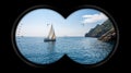 Binoculars Point of View with a Sailing Boat in the Blue Sea