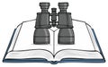 Binoculars resting on an open book representing research discovery knowledge and exploration Royalty Free Stock Photo
