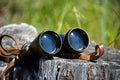 Binoculars Resting On Weathered Log Outdoors, Rustic Exploration Tool Ready For Adventure In Nature Royalty Free Stock Photo