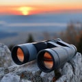 Binoculars on rocks overlooking a scenic sunset landscape. Royalty Free Stock Photo