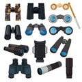 Binoculars vector optical equipment spyglass optics look-see looking far view illustration set of binocular spy search