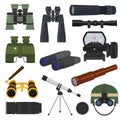 Binoculars vector optical equipment spyglass optics look-see looking far view illustration set of binocular spy search