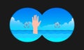 binoculars view drowning man hand in water vector illustration